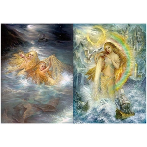 Detailed view of vintage fantasy angel collage paper with mystical ocean and rainbow art