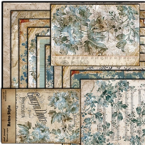 Detail of vintage blue floral junk journal papers with antique musical scores and scripts