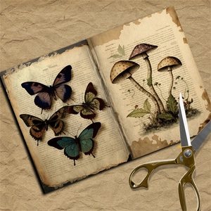 Close-up of vintage butterfly and mushroom stickers on a rustic scrapbook page