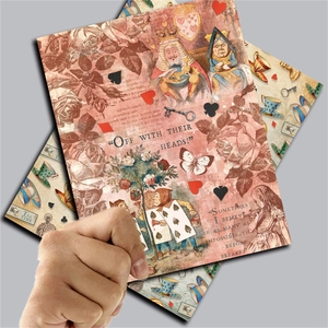 Detailed view of Alice in Wonderland vintage scrapbook papers featuring classic characters