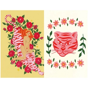 Surrealist art illustration of a woman riding a tiger surrounded by vibrant red roses