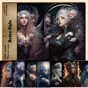 Collage of vintage fantasy female character illustration papers for journaling