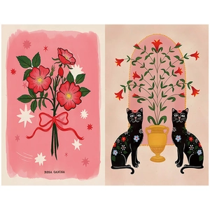 Detail of vintage collage scrapbooking paper with Rosa Canina and black cat folk art illustrations