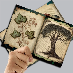 Macro view of vintage plant illustrations with aged burnt edges for junk journaling