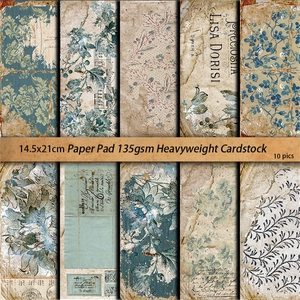 10-sheet vintage blue floral scrapbooking paper set, 135gsm heavyweight cardstock 14.5x21cm