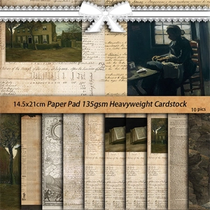 Set mit 10 Vintage-Scrapbook-Papieren mit antiken Schriften und klassischen Ölgemälden
