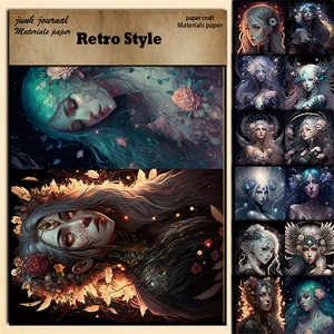 Retro Dark Fantasy junk journal materials paper with vintage feminine illustrations