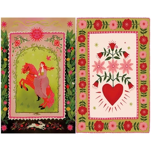 Detail of folk art illustration paper featuring a red heart and floral collage motifs