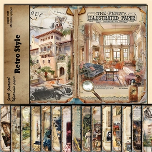 Macro view of vintage junk journal paper featuring old architecture and retro motifs