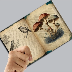 Detail of vintage scrapbooking paper featuring bird and mushroom botanical illustrations