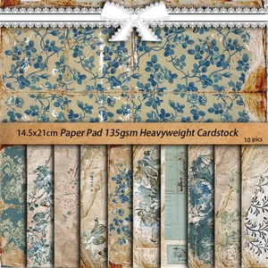 Blue floral vintage scrapbooking paper set with 10 sheets for DIY journaling crafts