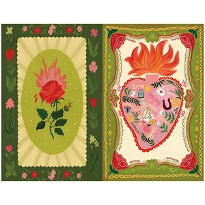 Macro shot of vintage artist illustration papers featuring a flaming rose and fantasy heart