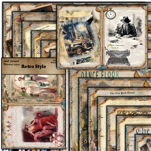 Detailed collage of retro junk journal material paper with vintage illustrations
