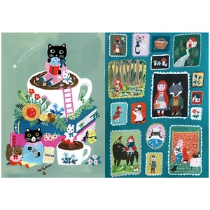 Detailed view of vintage animal illustration paper featuring cat coffee and fairy tale themes