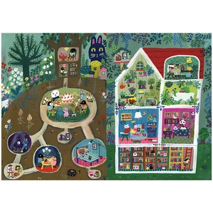 Detail of vintage animal illustration paper featuring whimsical underground house scenes