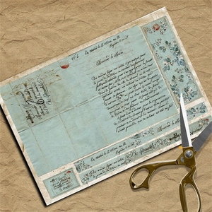 Macro view of vintage blue floral scrapbook paper with French manuscript and gold scissors
