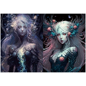 Detailed view of fantasy female characters on vintage scrapbooking paper for collage art