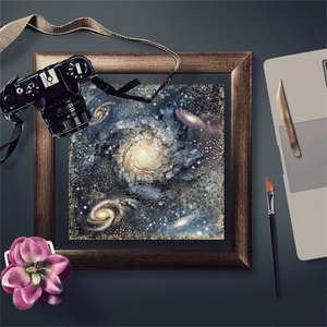 Detail of vintage blue night sky collage paper featuring galaxy and nebula patterns