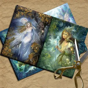 Macro detail of vintage fantasy angel scrapbook paper with artistic fairy illustrations
