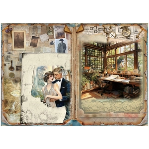 Vintage scrapbooking paper with retro ladies, clock, and newspaper collage aesthetic