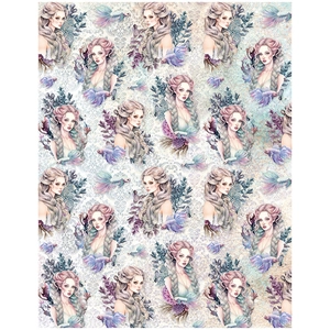 Détail de motifs de sirène et poissons combattants sur papier vintage pour scrapbooking