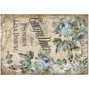 Blue vintage floral scrapbook paper with retro musical notes and art patterns
