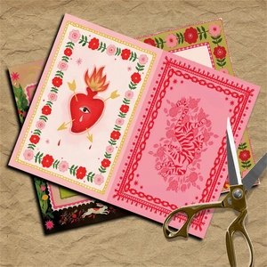 Artistic folk art scrapbooking papers with hearts, tigers and gold vintage scissors