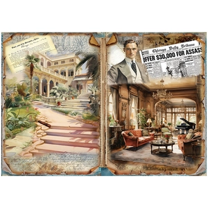 Detail of vintage scrapbook paper featuring retro portraits and classical manor scenes