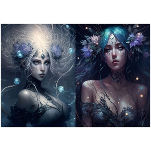 Macro detail of dark elf fantasy scrapbook paper featuring silver and blue portrait art