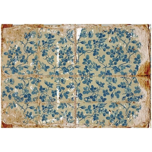 Close-up of vintage blue floral scrapbooking paper with aged texture and fold marks