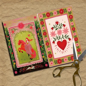 Artistic vintage illustration paper featuring a woman on horse and heart floral design