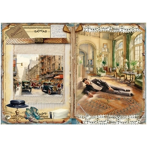 Macro detail of vintage Victorian paper collage with lace trim and retro illustrations