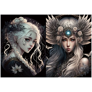 Detail of dark elf fantasy scrapbook paper with intricate silver-haired goddess designs