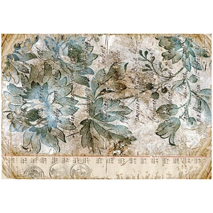 Detailed macro view of vintage blue floral craft paper with handwriting and stamps