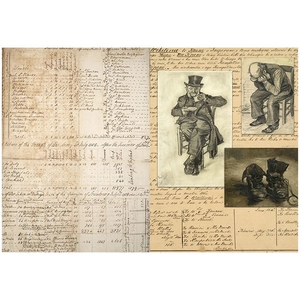 Detail von Vintage Scrapbooking-Papier mit antiker Schrift und Skizzenkunstmustern