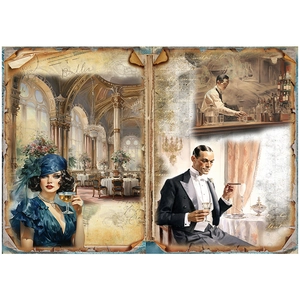 Detailed view of vintage Art Deco paper featuring retro 1920s illustrations and textures