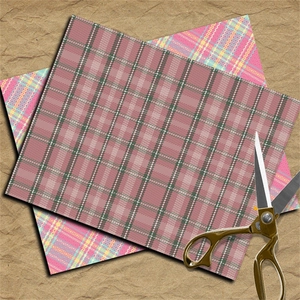 Pink plaid vintage craft paper collage sheets shown with golden vintage scissors decoration