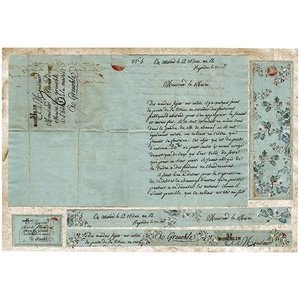 Macro shot of vintage blue floral paper with French cursive script and antique stamps