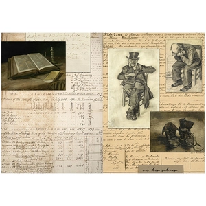 Detail von Vintage-Scrapbook-Materialpapier mit Skizzen aus dem 18. Jahrhundert und Briefen