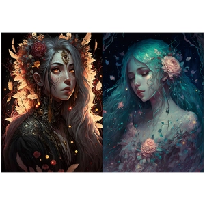 Detail of dark elf vintage background paper with ornate floral and portrait designs