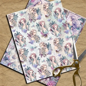 Détail de papier collage sirène vintage avec motifs floraux violets et illustrations d'art