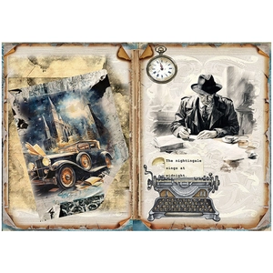 Retro detective themed decorative paper with vintage typewriter and classic car patterns