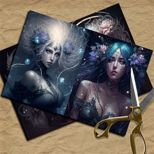 Artistic vintage dark elf collage paper featuring floral feminine portraits and gold scissors