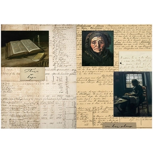 Detailansicht von Vintage-Scrapbook-Papier mit Ölgemälde-Porträts und Schreibschrift
