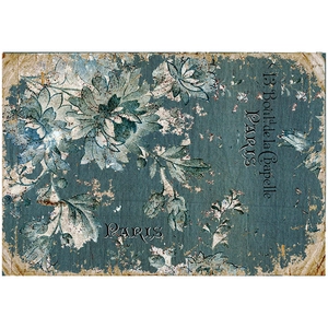 Close-up of vintage blue floral scrapbooking paper with French Paris collage theme
