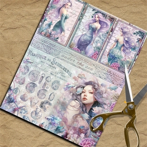 Vue macro de papier décoratif sirène vintage avec ciseaux antiques pour scrapbooking