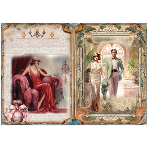 Detail of vintage Gatsby style scrapbooking paper with elegant retro lady illustrations
