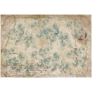 Close-up of vintage blue floral craft paper with aged texture and French handwriting