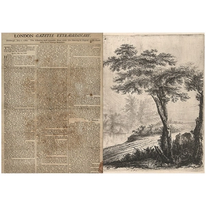 Nahaufnahme von Vintage London Gazette Zeitungsausschnitten und Kunstdruckpapier