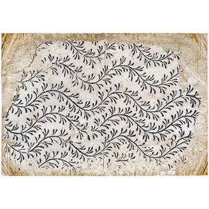 Detail of vintage scrapbooking paper with black leaf patterns and aged torn edges